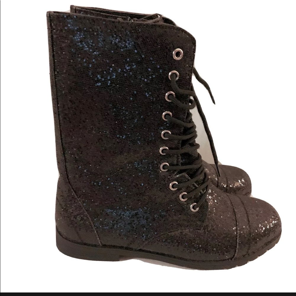 NWOT Balera Dance Combat Boots Black Glitter Side Zip Up With Laces. Size 6